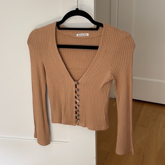 Reformation Ribbed Button-Up Tan Top - Picture 2 of 3
